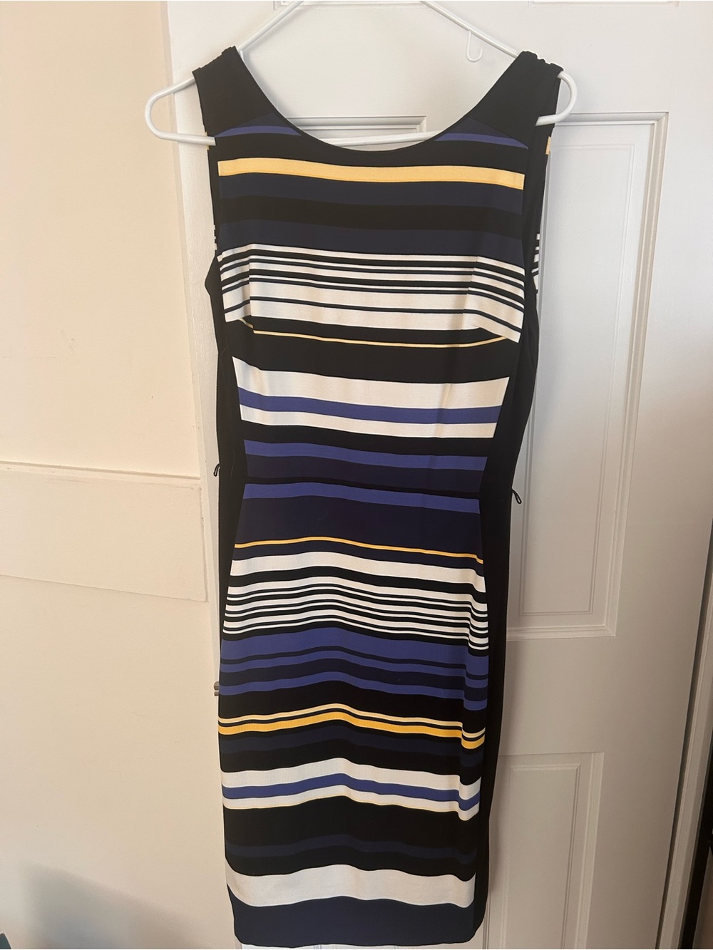 Sleeveless Striped Sheath Dress in Black, Blue & White